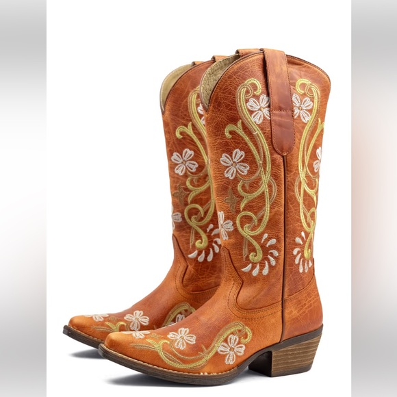 Sterling River Shoes - NEW Orange Leather Honey Frontier with Flower Embroidery Cowboy Boots